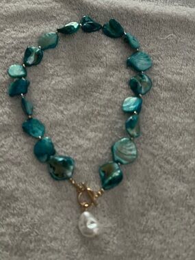 Teal Shell Bead Necklace with Gold Accents and White Pearl Drop